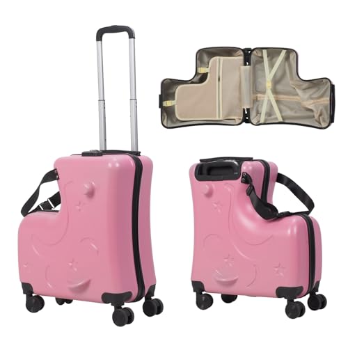 Kids Luggage, Kids Ride-on Luggage with 360 Spinner Wheels Ride On Suitcase for Kid 20 Inch Carry On Lightweight Travel Trolley for Toddler, Kid Travel Suitcase with Password Lock (Pink)