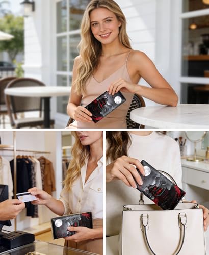Image of Immaturus Womens Wallet, Full Moon Slim Thin RFID Blocking Credit Card Wallets, Long Bifold PU Leather Card Holder Organizer, Cute Cash Clutch Billfold with Zipper Coin Pocket Ladies Girls Gift