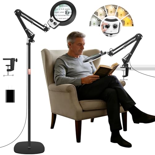 30X 12X Large Floor Magnifying Glass with Light and Stand Floor Magnifying Lamp Adjustable Height Infinite Color Dimmable 4-in-1 Lighted Magnifier lamp for Close Work Reading Painting HobbyBlack