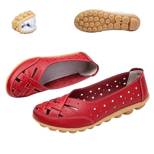 Womens Orthopedic Loafers in Breathable Leather Comfortable Hollow Closed Toe Soft Flats Sandals Summer Casual Slip-On Shoes (Re