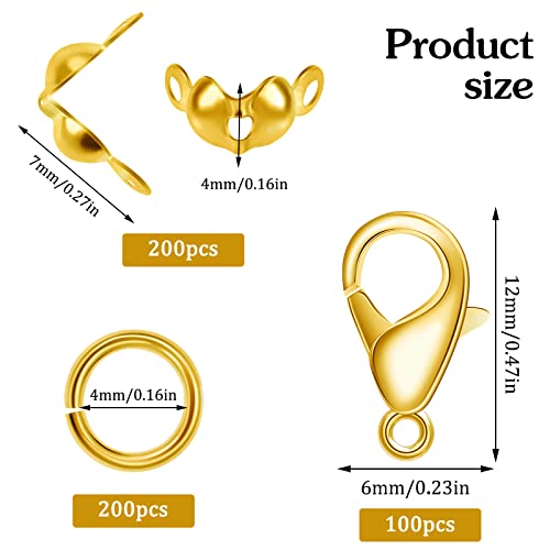 500 Pcs Jewelry Making Accessories Set Includes 100 Pcs Lobster Claw Clasps 200 Pcs Open Jump Rings 200 Psc Bead Tip Knot Caps, Lobster Claw Clasps for Jewelry Making DIY Crafts (Gold)