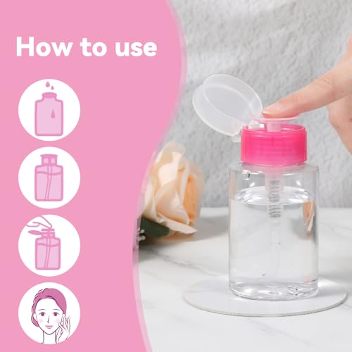 Dimeho Dozownik do usuwania lakieru do paznokci, 180 ml, 3 szt., pusta pompka, dozownik, butelka, zamykane, przezroczyste pojemniki na aceton, na alkohol, toner do twarzy, zmywacz do paznokci, różowy