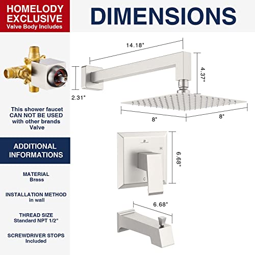 Homelody Shower Trim Kit Brushed Nickel(Valve Included) Tub And Shower Faucet Set Stainless Steel Shower System With 8" Touch-Clean Rainfall Shower Head, Bathtub Faucet Set #TOP4