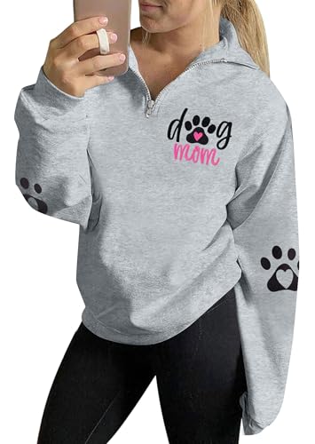 LOTUCY Dog Mom Sweatshirts Women Dog Paw Graphic Mama Life Long Sleeve High Collar Quarter 1-4 Zip Pullover