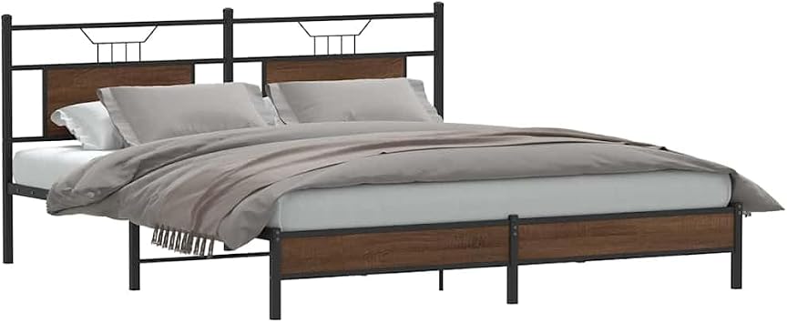 Brown Oak Engineered Wood Bed Frame 183x203 cm with Headboard and Slatted Base, Steel Support Frame for Stability and Underbed Storage Space, Durable Furniture