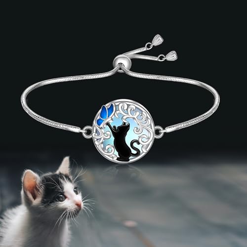 Black Cat Bracelet Filigree Moonstone Filigree Butterfly Cat Bracelets for Women Sterling Silver Halloween Cats Lover Gifts3
