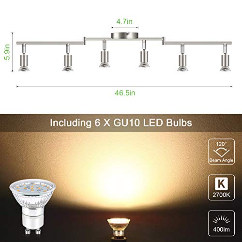 Unicozin LED 6 Light Track Lighting Kit, Matt Nickel 6 Way Ceiling Spot Lighting, Flexibly Rotatable Light Head, Modern Track Light Included 6 x LED GU10 Bulb (4W, Warm White 2700K, 400LM)