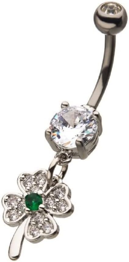 Pierced Owl 14GA Stainless Steel CZ Crystal Four Leaf Clover Dangling Belly Button Ring