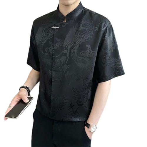 Satin manches courtes chemise style chinois au fini brillant noble JXQXHCFS