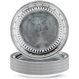 Jingmore 48 Pcs Medieval Party Supplies Disposable Pewter Paper Plates Dinner Round Tableware Vintage Silver Grey for Pirate Knight Castle Renaissance Halloween Party Decorations 9'