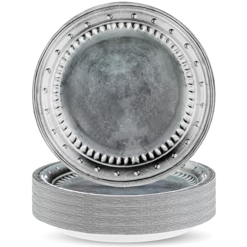 Jingmore 48 Pcs Medieval Party Supplies Disposable Pewter Paper Plates Dinner Round Tableware Vintage Silver Grey for Pirate Knight Castle Renaissance Halloween Party Decorations 9"