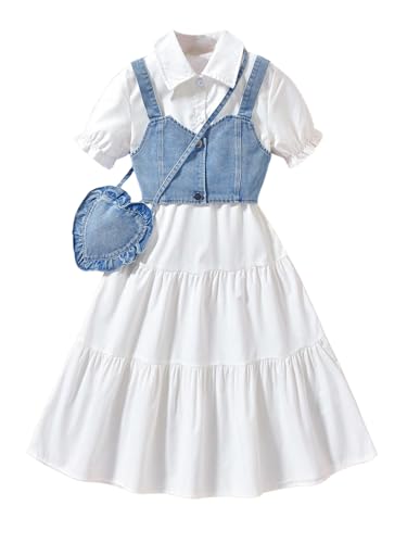 Verdusa Girl's Flared Ruffle Boho Dresses Button Down Collared Dress with Denim Crop Vest and Small Bag