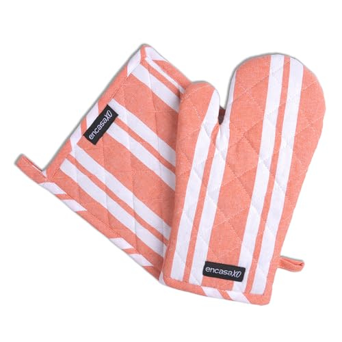 Image of Encasa XO Heat Resistant 100% Cotton Oven Glove & Potholder Set with Loop, Kitchen Cooking Mittens, Microwave Safe Hot Pads (Franca Orange Stripes)