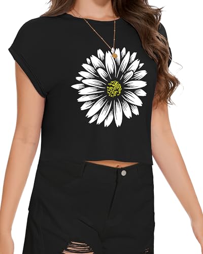 Image of Womens Crop Tops Summer Roll Cap Sleeve Cropped Tshirt Loose Fit Basic Tees