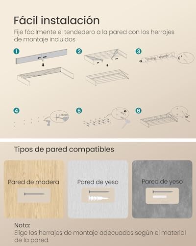 Miniatura 6 de Songmics Tendedero De Pared Abatible, 6 Barras, 100 Cm