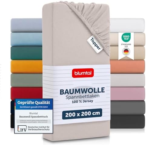 Blumtal® Basics Spannbettlaken Topper 200x200x15cm Jersey - Bettlaken aus 100% Baumwolle - Oeko-TEX zertifiziertes Spannbetttuch 200x200cm - Elfenbein