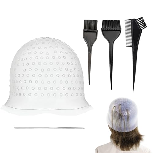 Professional Highlighting Kit 1 Pcs Highlighting Cap with Needle and 3 Hair Coloring Brushes Silicone Highlight Cap Reusable Hair Highlighting Kit for Salon Silicone Hairdressing Tools for Women Men
