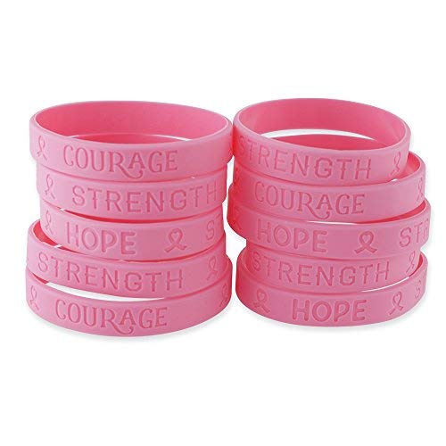 Forge Pink Ribbon Heart Breast Cancer Awareness Wristbands Hope Strength Courage Silicone Bracelets (10 Bracelets)