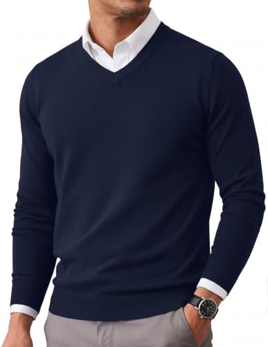 Image of COOFANDY Mens Casual V Neck Sweater Knit Slim Fit Long Sleeve Pullover Top