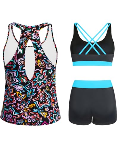 Image of Tempt Me 3 Piece Tankini Swimsuits for Women Athletic Bathing Suits Swim Tank Top with Boy Shorts and Bra Modest Swimwear