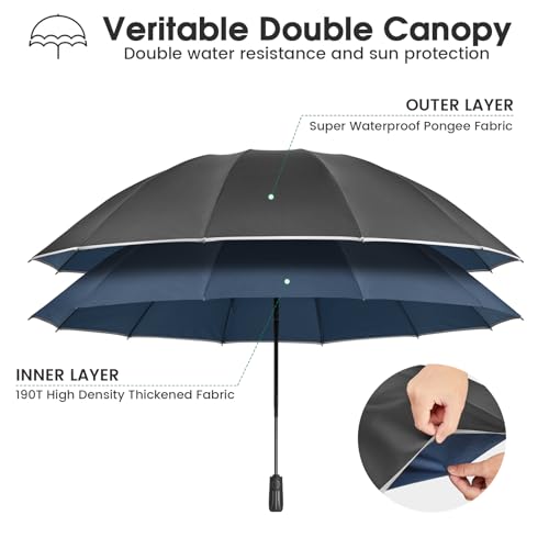 G4Free 54 Inch Large Double Layer Inverted Umbrella, 12 Ribs Compact Windproof Automatic Folding Reverse Umbrella with Reflective Strip(Dark Blue) by G4Free - Image 2