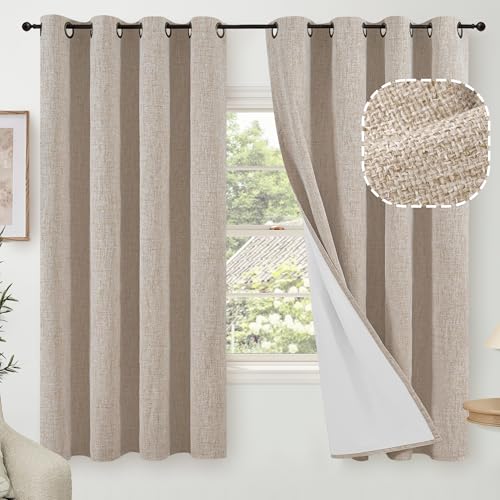 60 Inch Wide Linen Blackout Curtains for Bedroom 63 Inch Length 2 Panels, Total Black Out Thermal Insulated Energy Efficiency Grommet Boho Window Drapes White Liner for Modern Farmhouse, Beige