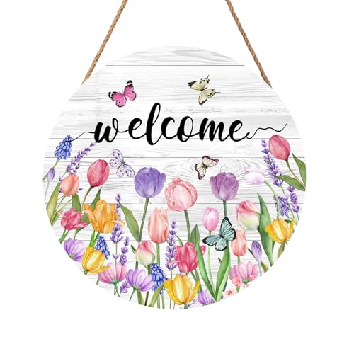 Anyako Welcome Spring Summer Tulip Flower Door Sign For Front Door Decor,Floral Butterfly Wooden Sign 12"x 12" Round Hanging Door Sign Decoration for Wall Rustic Decor