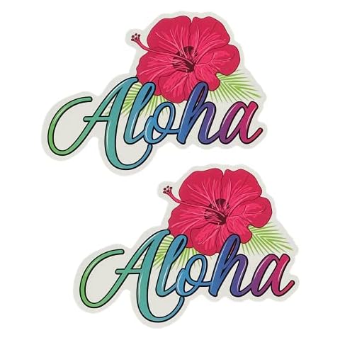 Aloha Designs Aloha Hawaii Sticker with Hawaiian Hibiscus Flower and Colorful Letters | Decorate Your Laptop, Car Window, Refrigerator, Office File, Bedroom Mirror, Etc | Aloha Decal (5 x 4 inch) Cover