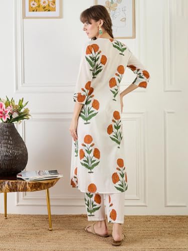 Image of INDO ERA Women's Pure Cotton Floral Printed A-Line Kurta & Pant Set | Co Ord Set For Women Stylish