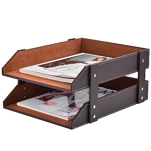 Leather Desk Organizer,2-Tier Stackable Letter Tray Holder,Office Supplies Desktop Storage Box for Document,Stationery,Magazines,Newspapers,Letters and Other Home Office Paper Sundries,Coffee