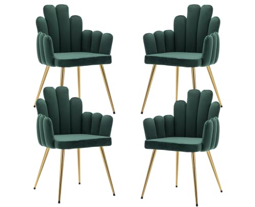 Cimota Green Dining Chairs Set Of 4 Velvet Upholstered Comfy Living Room Chairs Modern Finger Shape Back Vanity Chair With Arms For Makeup Room/Bedroom, 4Pcs #TOP3