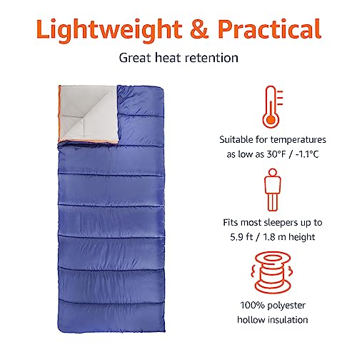 Amazon Basics Twin Size Cold Weather Lightweight Sleeping Bag For Adults, 3-Season 30 Degree F Backpcking Hiking Camping Rectangular Blue #TOP2
