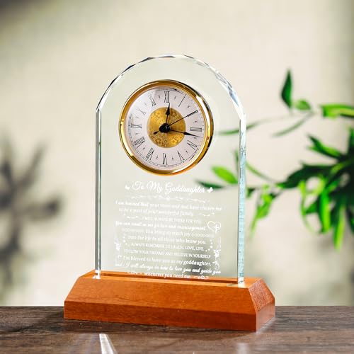 Image of Arikyrist Goddaughter Gift Glass Clock with Wooden Light Base, Gifts from Godmother Godfather Crystal Keepsakes to My Goddaughter on Birthday Graduation Christmas Baptism Ideas