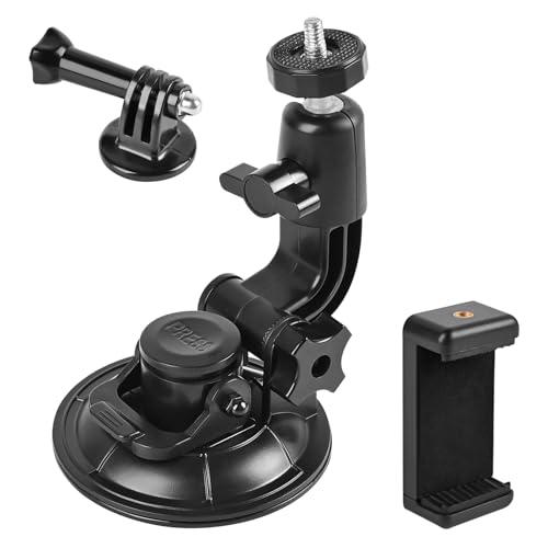 OctinPris Dash Cam Suction Cup Mount Windshield Camera Holder Stand 9CM with Phone Bracket for GPS Driving DVR Action Camcorder Video Record POV/VLOG Compatible with Gopro Hero, Insta360 Smartphone