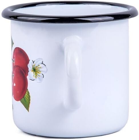 Cherry Enameled Stainless Steel Mug Set of 2 Pcs 13.5 pz and 33.8 oz, Enamel Camper Coffee Mugs, Travel Mugs, Enamel Mugs, Tea Mug for Indoors and Outdoors, Camp Drinking Cups, Campfire Mug, White