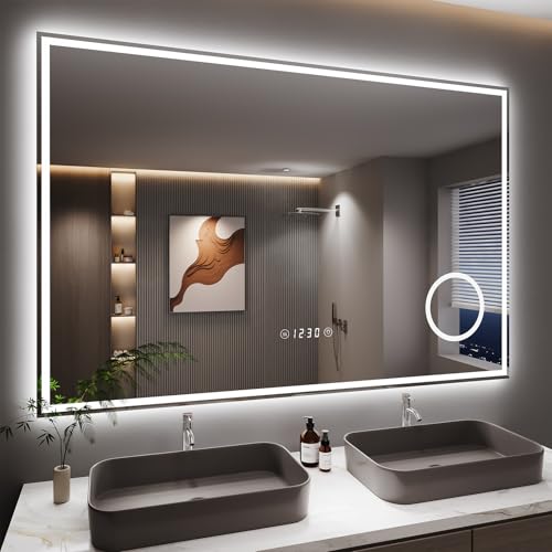 Dripex Badspiegel mit Beleuchtung Led Spiegel mit 3-Fach Schminkspiegel Uhr Dimmbar 3 Lichtfarbe Einstellbare Badezimmerspiegel mit Beleuchtung Beschlagfrei 80 x 120 cm