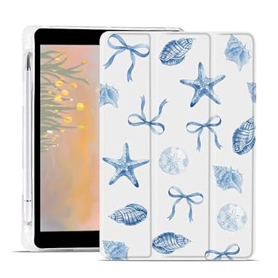 AdorableWhimsy Blue Seashell Bow Case for iPad Air 13 Inch M4 2026/M3 2025/M2 2024 Lovely Bows Trifold Tablet Protective Case White Leather Soft Back Cover with Pencil Holder