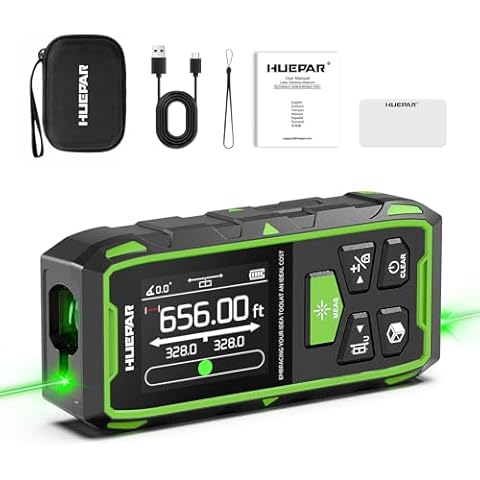 Huepar Dual Laser Measuring Tool, 656Ft Green-Beam Bilateral Digital Laser Distance Measure 6 Units Ft/in/M, Rechargeable Laser Measurement Tool -Backlit LCD Display, Length/Area/Volume/Angle Sensor Cover