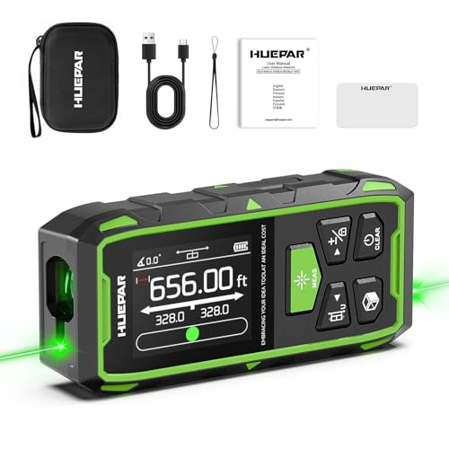 Huepar Dual Laser Measuring Tool, 656Ft Green-Beam Bilateral Digital Laser Distance Measure 6 Units Ft/in/M, Rechargeable Laser Measurement Tool -Backlit LCD Display, Length/Area/Volume/Angle Sensor