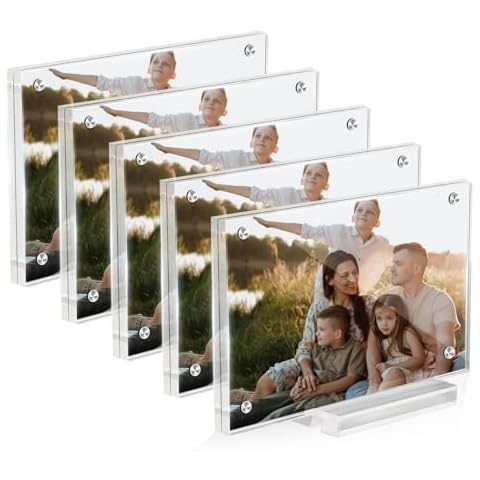 JUOIFIP 5 Pack 5x7 Magnetic Acrylic Picture Frame with Base, Both Horizontal Vertical or Slant Back Display, Frameless Clear Frames, Fits Photos of 5 x 7 or 4 x 6 Cover