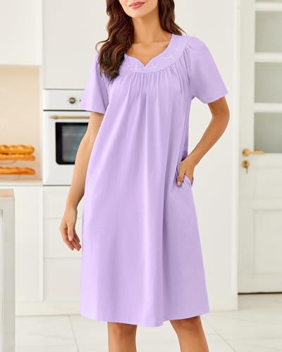 Image of Ekouaer Moo Moos for Women House Dress With Pockets Cotton Nightgowns Short Sleeve Night gowns Embroidered Mumu Dress