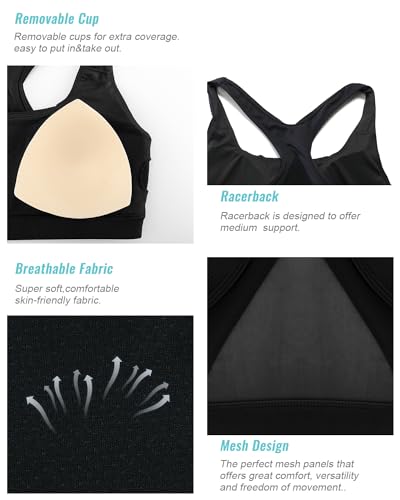 Image of RUNNING GIRL Sports Bras for Women, Racerback Medium Impact Wirefree Padded Bra Workout Crop Top Longline Sports Bra Push up(WX2989 Black XL), X-Large
