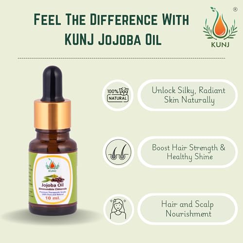 Image of KUNJ Jojoba Oil (Simmondsia chinensis) 10ML - 100% Pure & Natural, Cold Pressed, Undiluted - Therapeutic Grade Carrier Oil for Skin Care, Hair Nourishment & Hydration