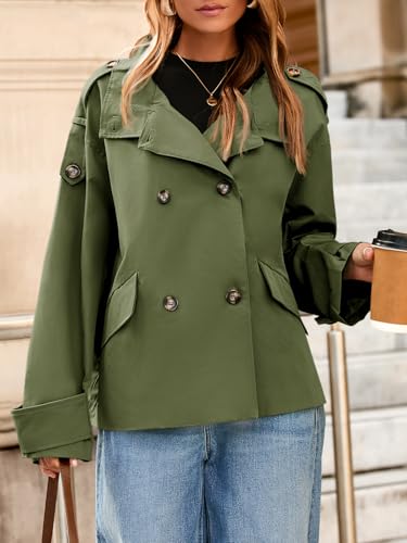 Tankaneo Womens Short Trench Coat Oversized Double Breasted Stand Collar Cropped Jacket Fall Casual Work Outerwear