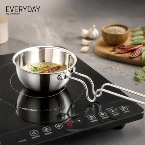 Image of Shri & Sam Everyday 11cm /300ml Tri-Ply Stainless Steel Tadka Pan with Stand-Handle | Gas & Induction Compatible | Heavy Gauge | Long Wire Handle for Cool Grip
