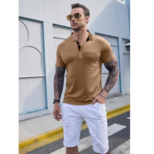 Image of Men's Short Sleeve Polo Shirts Buttons Collared T Shirts with Pocket | Moisture-Wicking,Soft Stretch Fabric, Lightweight,Structured Collar,Business Casual, Golf, Office,All-Day Comfort