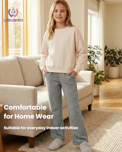 Image of WELAKEN Girls Sweatpants for Casual & Athletic - Kids Flared Pants Bell-Bottom Trousers with Pockets