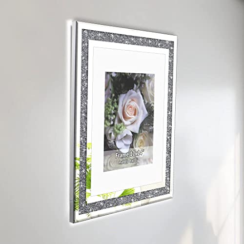 Crushed Diamond Wedding Mirror Photo Frame, Crystal Silver Glass Picture Frame For Photograph Size 11X14 Inch With Mat For 8X10Inch, Pack Of 2 Pieces Wall Frame. Bling Sparkle Crushed Diamond Home Decor. #TOP5