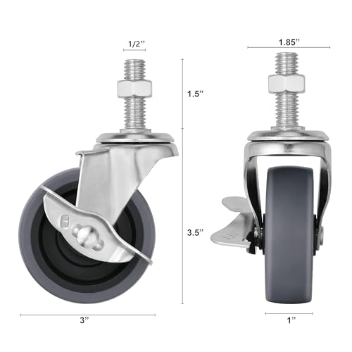 Lenkrollen, 7,6 cm, feststellbare Lenkrollen, 1,27 cm - 33 x 3,8 cm (Schaftdurchmesser 1,27 cm, Schaftlänge 3,8 cm), Gewindelenkrollen, Set mit 4 Schwerlastrollen, Grau