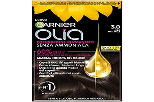 Garnier Olia Midnight Haarfarbe, permanente Färbung ohne Ammoniak, zarter Duft, deckt 100% weißes Haar ab, mit natürlichen Blütenölen natürlichen Ursprungs, vegane Formel, natürliches Schwarz